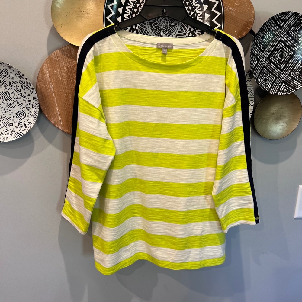 T by Talbots Womens Lime Green White Striped Slub Cotton Top Black Side Stripe M